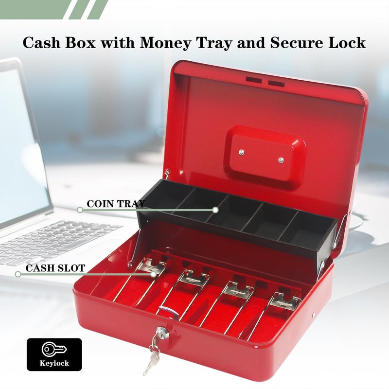 PACOLO Secure Locking Cash Box with Key or comnination, Money Tray, and Organizer - Metal Money Safe for Cash Management (Red Key) - Image 3